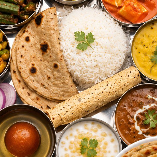 Roti, rice, dal and paneer makhani served on today's thali