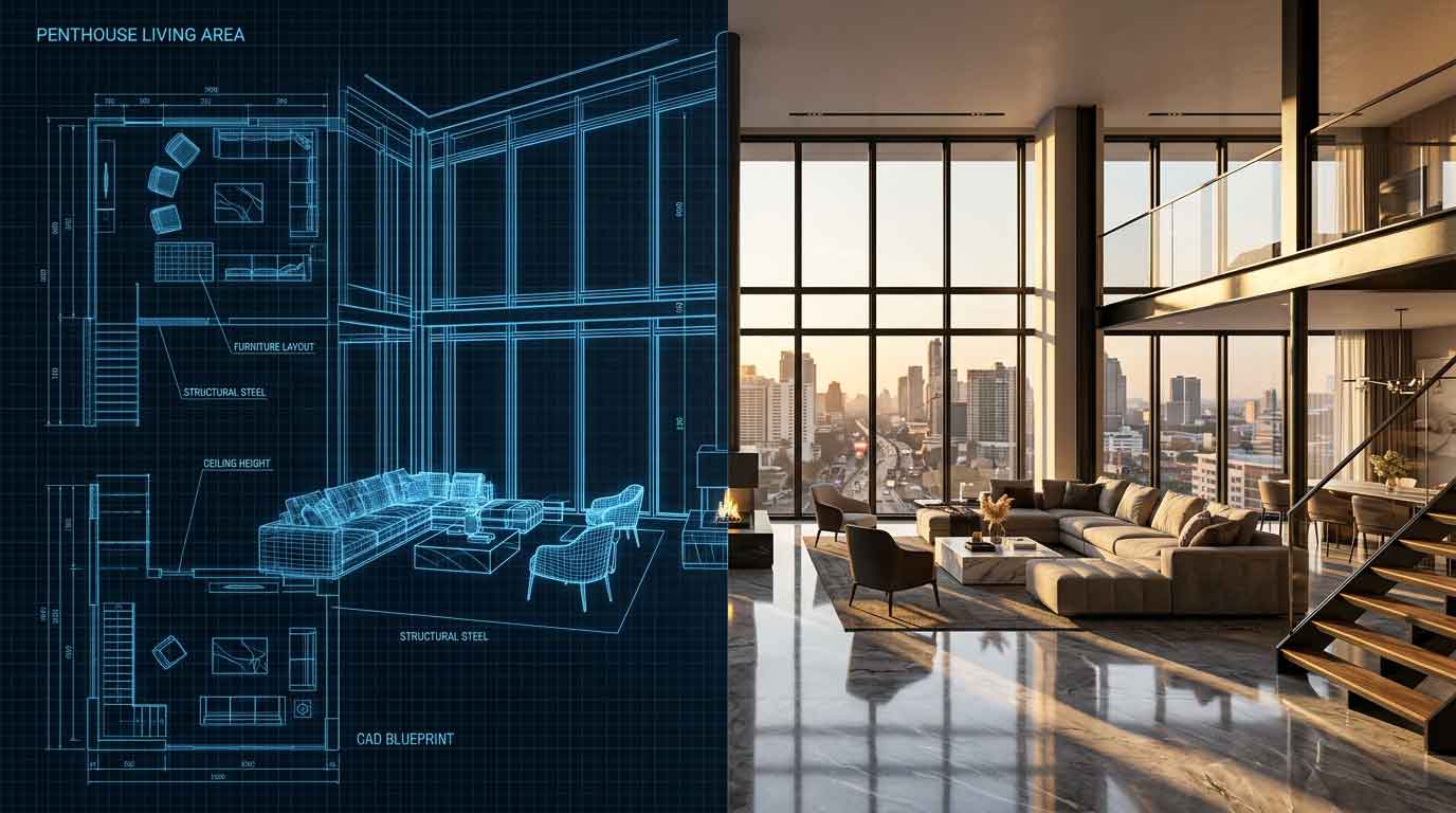 3D wireframe to photorealistic architectural rendering of a luxury living room