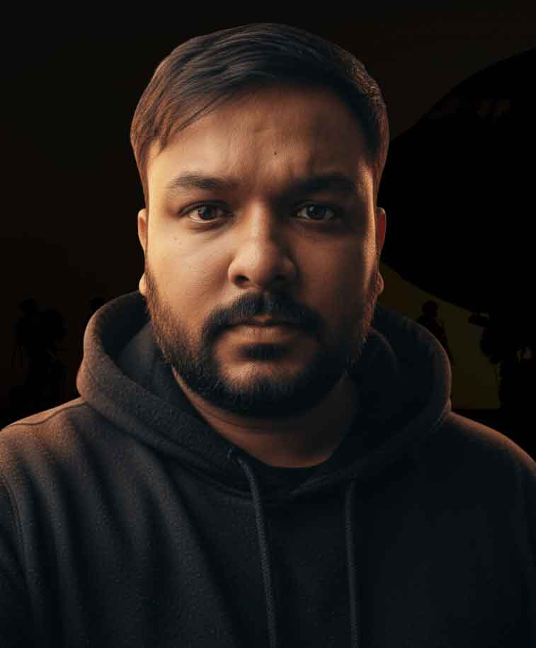 Professional cinematic portrait of Sumit Dhiman, a Senior Multimedia Designer, wearing a black hoodie against a dark background